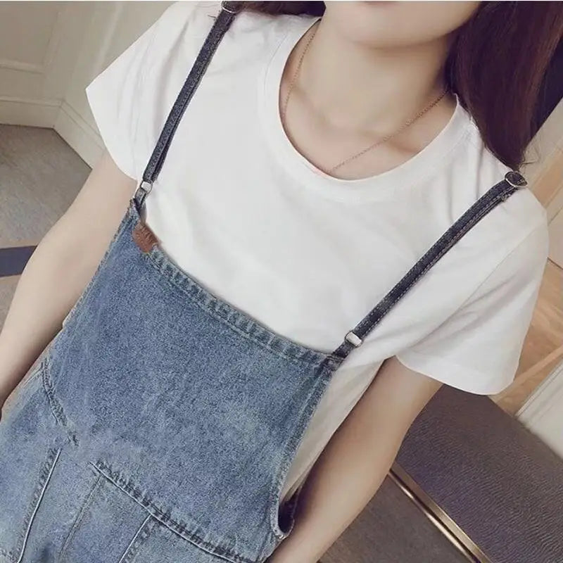 Summer Thin Denim Overalls Women's Loose High Waist Multi Pocket Worn out Washed Light Blue Nine Points Overalls Spring Autumn