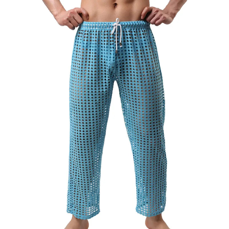 Mens Pajamas Sexy Mesh See Through Long Pants Sleepwear Fishnet Hollow Out Fitness Trousers Sleep Bottoms Sexy Underwear