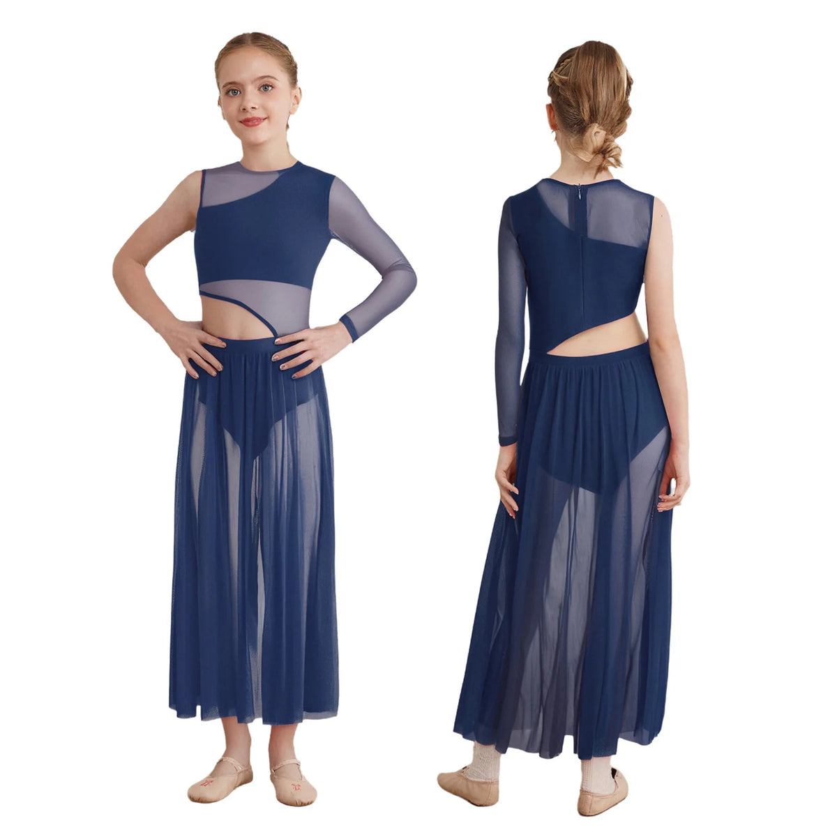 Kids Girls Lyrical Contemporary Dance Dress Patchwork Side Split Mesh Shiny Rhinestones Dresses Competition Performance Costumes