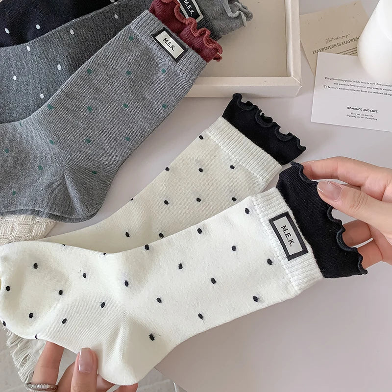 Socks For Women New Dots Cute Frilly Casual Fashion Long Socks Breathable Preppy Style Ladies Novelties Socks Cotton Soft Comfy