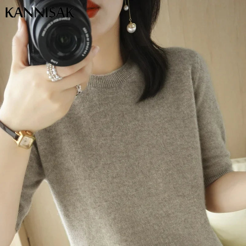 2025 Spring Summer Womens Sweater Short Sleeve O-neck Slim Fit Knitted Pullovers Bottoming Casual Knitwear Camel Pink Clothes