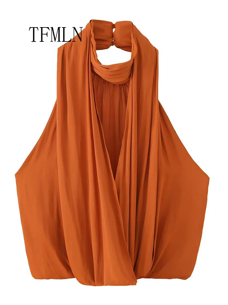 Fashion 2026 Summer Women Halter Pleated Tops Elegant Sleeveless Backless Causal Shirts Chic Folds Street Short Pullover Tops
