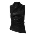 Leather Women Tank Top Standling Sleeveless Waist Lady Top PU Leather Folds Irregular Leather Vest Fashion Women's Clothing