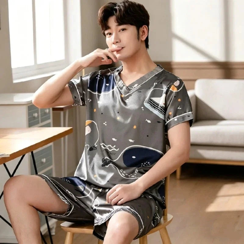 Plus Size Men's Pajamas Set Summer New Fashion Print Men's Sleepwear V-Neck Short Sleeve Shorts Homewear 2026 Casual Cool