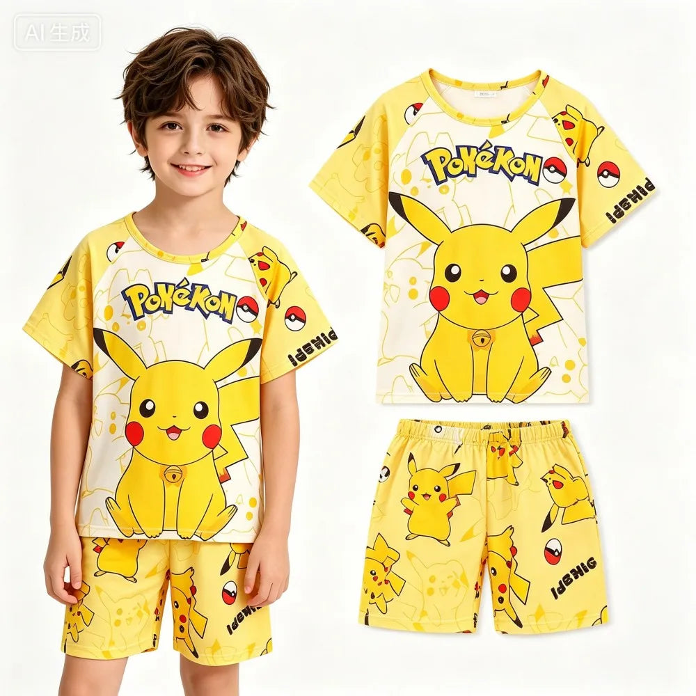 Boys and Girls Summer Short Sleeve Pikachu Pajamas Sets Kids Pyjamas Animal Cartoon Baby Homewear Nightwear for 2 to 14Years
