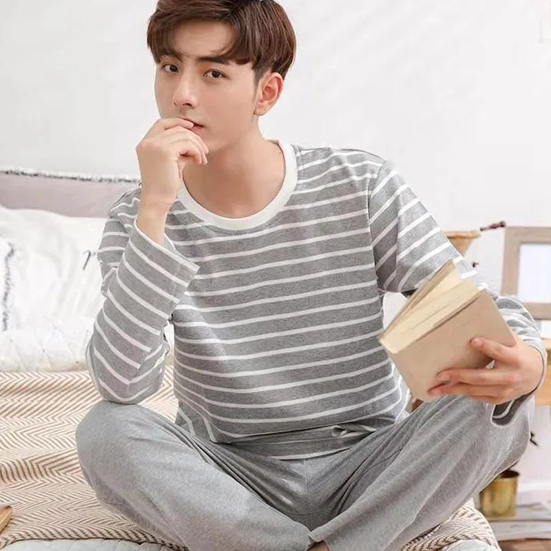 New Men's Spring And Autumn Striped Leisure Pajamas Sets Boys Long-Sleeved Home Wear Teenagers Outside The Home Wear Suit