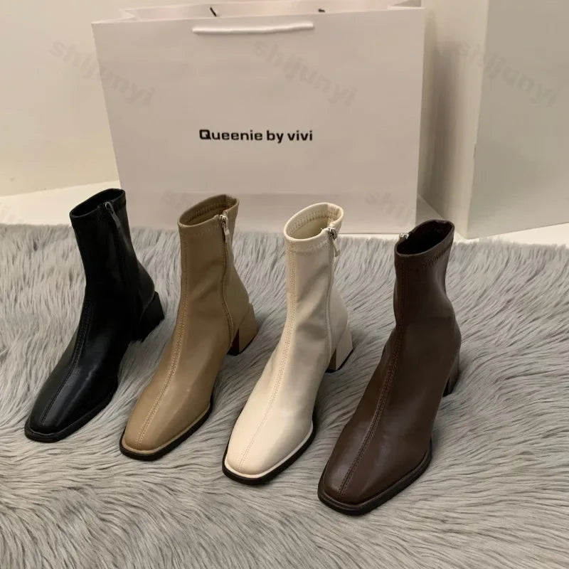 Short boots for women 2025 new spring and autumn single boots round toe raised waterproof platform bare boots for women