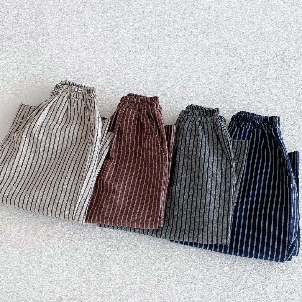 Boys Girls Linen Cotton Stripe Trousers For Children's Clothes Fall Spring Boy Loose Casual Harem Pants Kids Long Pants for 1-6T