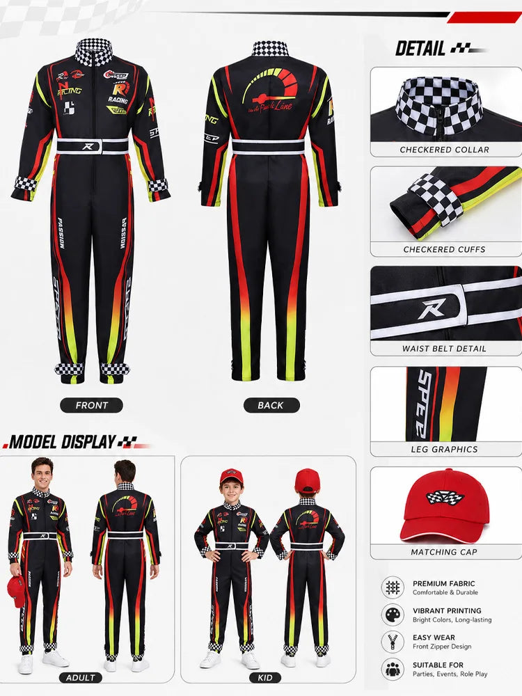 Adult Racing Outfits Kids Karting Uniforms (Includes Red Baseball Cap) Outdoor Sports Jumpsuits Halloween Carnival Cosplay Costu