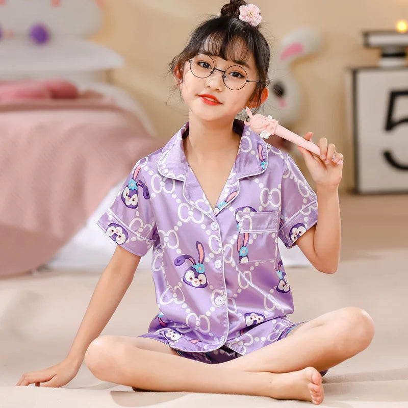 Pajama Girl Ice Silk Short Sleeve Cardigan Sweet Cute Cartoon Sleepwear Pyjamas Robe Children's Clothing Mother Kids