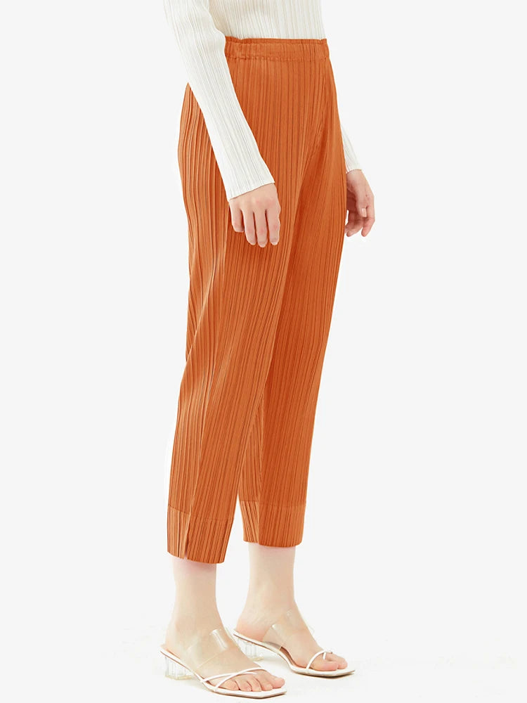 Miyake Pleated Simple Casual Ankle-Length Pants Spring Summer Autumn Pencil Pants Korean Fashion Women Basics Trousers In Stock