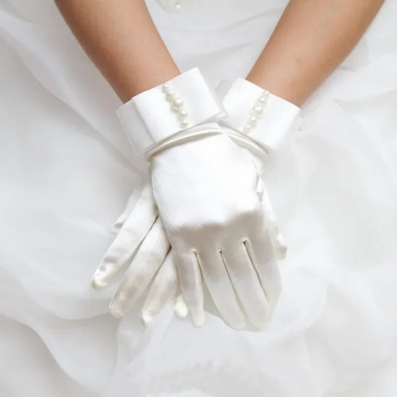 Women Girl White Prom Pageant Wrist Brides Satin Short Bow Gloves Bead Party Communion Wedding Evening Halloween Costume Cosplay