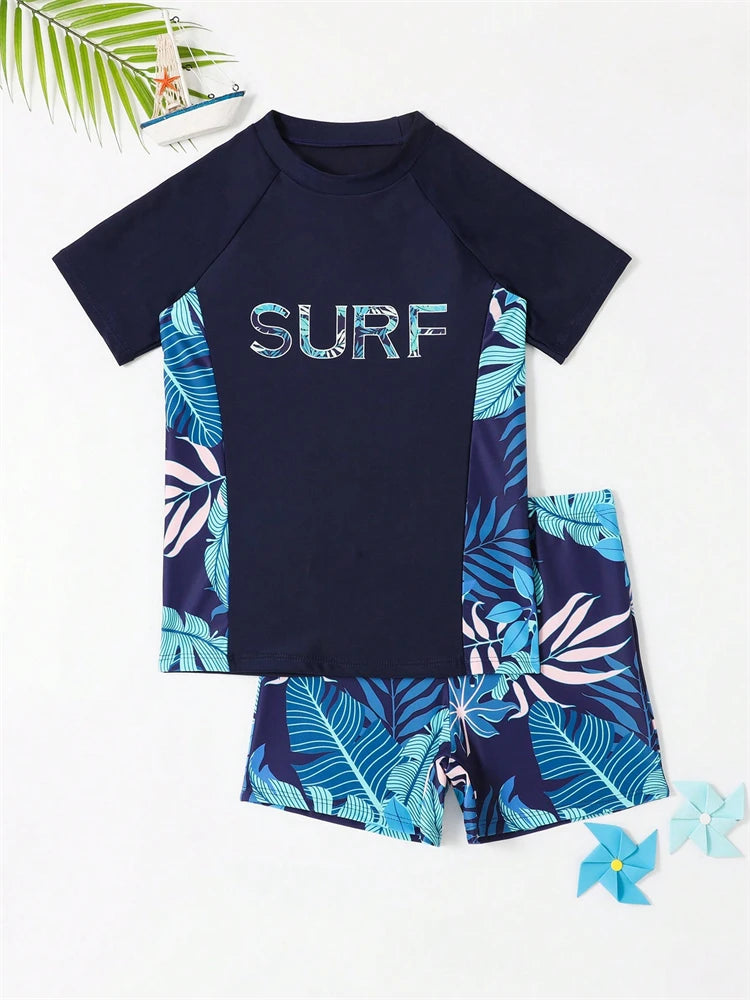 Boy Kids Swimsuit 2026 New Solid Print Short Sleeve Children Swimwear Summer Two Piece Split Beachwear Bathing Suit For Swimming
