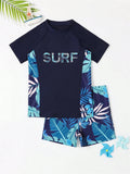 Boy Kids Swimsuit 2026 New Solid Print Short Sleeve Children Swimwear Summer Two Piece Split Beachwear Bathing Suit For Swimming