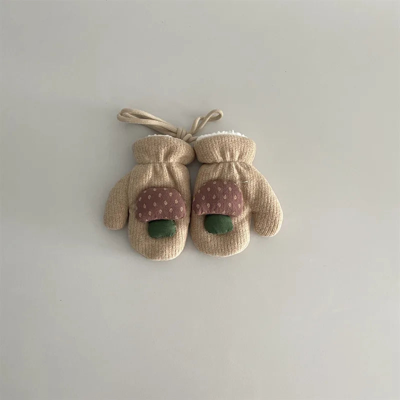 Children's Gloves 2025 Autumn Winter New Ins Mushroom Thick Glove Baby Boys And Girls Hanging Neck Children's Snow Mittens