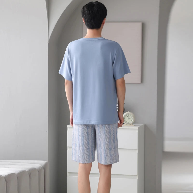 MiiOW 2Pcs Men's Pajamas Set Summer O-neck Mens Short Sleeve Homewear Big SIze L-3XL Man Sleepwear Cotton Breathable Men Pajamas