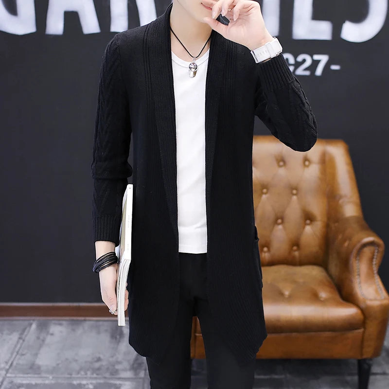 Men's Spring Sweater Knitted Cardigan X-long Knitted Coat Autumn Sweaters Solid Color Sweatercoat