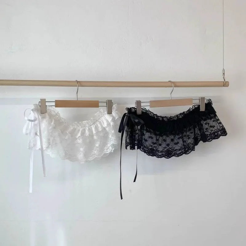 Spring Summer Lace-up Lace Side Half-body Skirt Short Fart Curtain Apron Girls Sweet Jeans Casual Pants Accessories Skirt