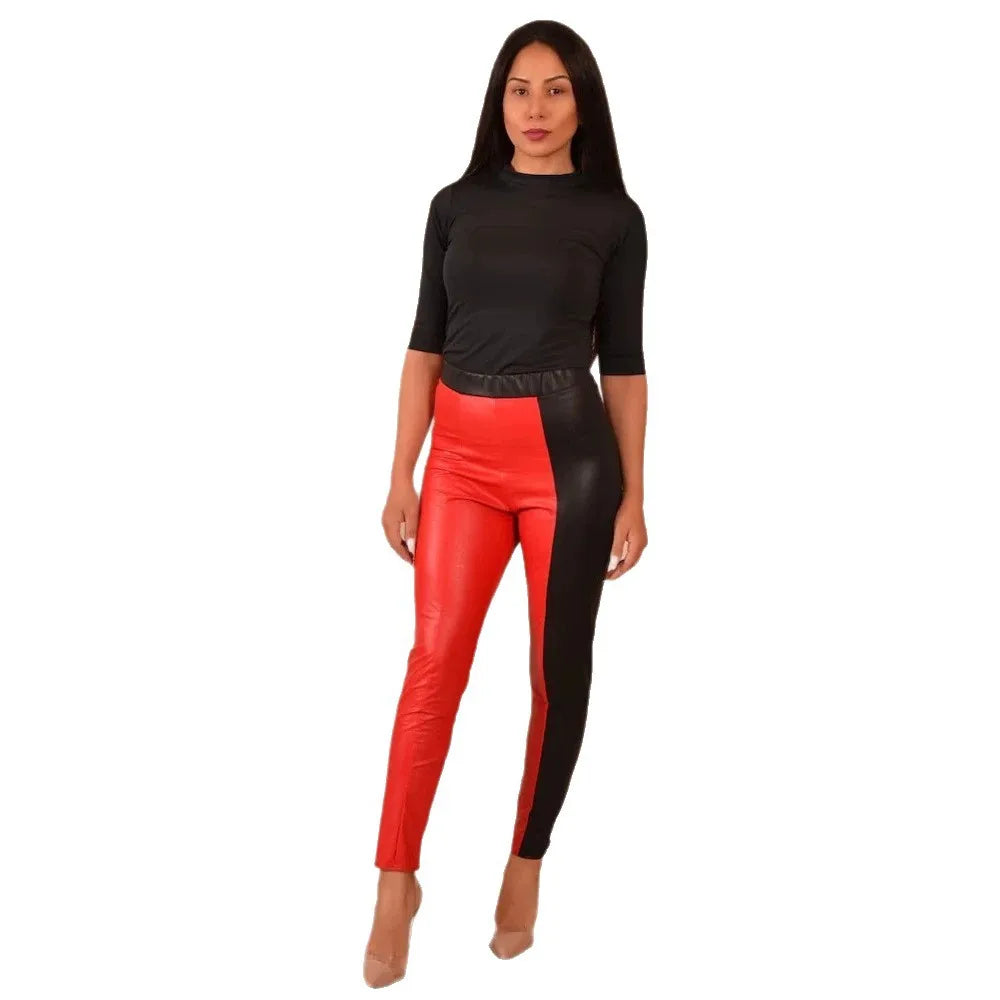 Women's Casual Leather Pants Sexy Splice High Waist Casual Trousers Club Party Costume