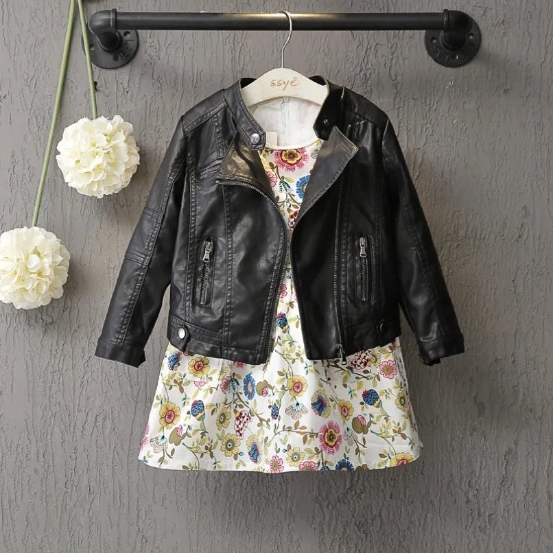 2025 Girls Boys Black Pu Zipper Jackets Kids Baby Leather Jacket  Cool Coat Children Clothes Overcoats Spring Autumn 2-14T