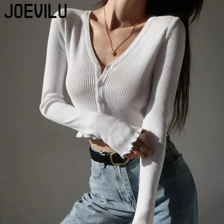 Sexy Knitted Cardigan V Neck Naked Navel Crop Tops Chic Fungus Hem Shirt Women's Spring and Summer Korean Versatile Y2k Sweater
