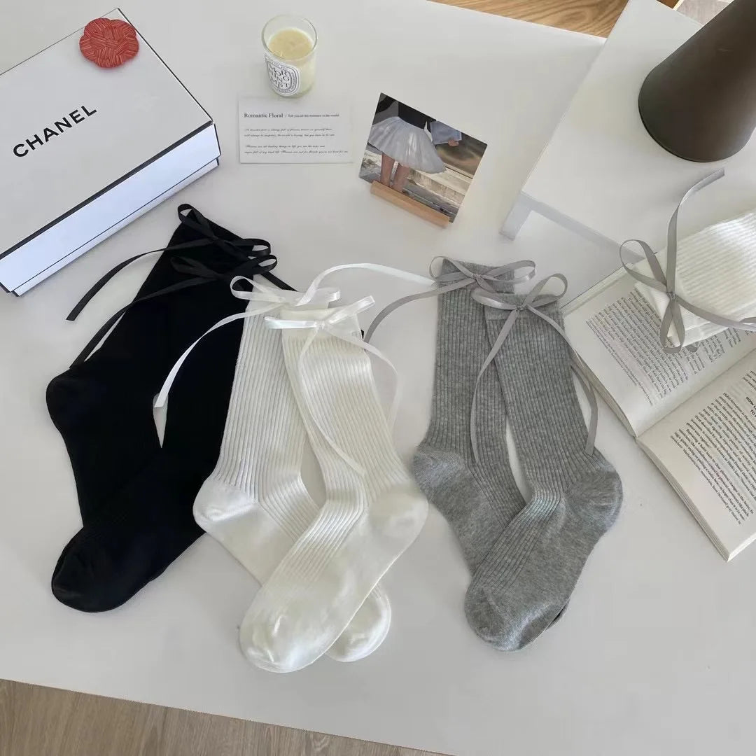 Women's Socks Spring Summer New Boneless Socks  Side Ribbon Bow Ribbon Vertical Thin Breathable Midtube Pile Sock Simple Fashion