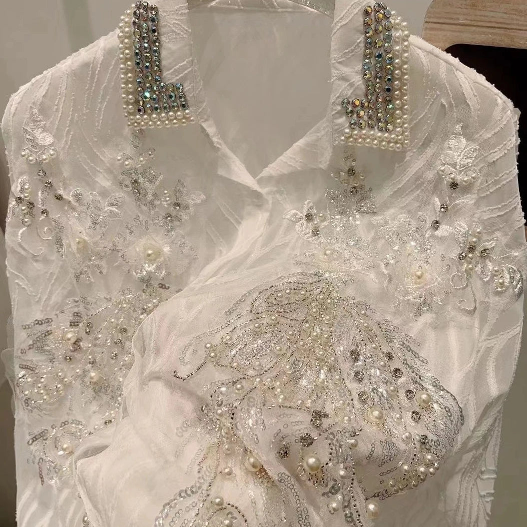 Luxury Diamonds Sequined Embroidery Blouses Shirts Women 2026 Spring New Long Sleeve Shirts Fashion Causal Tops Camisas De Mujer
