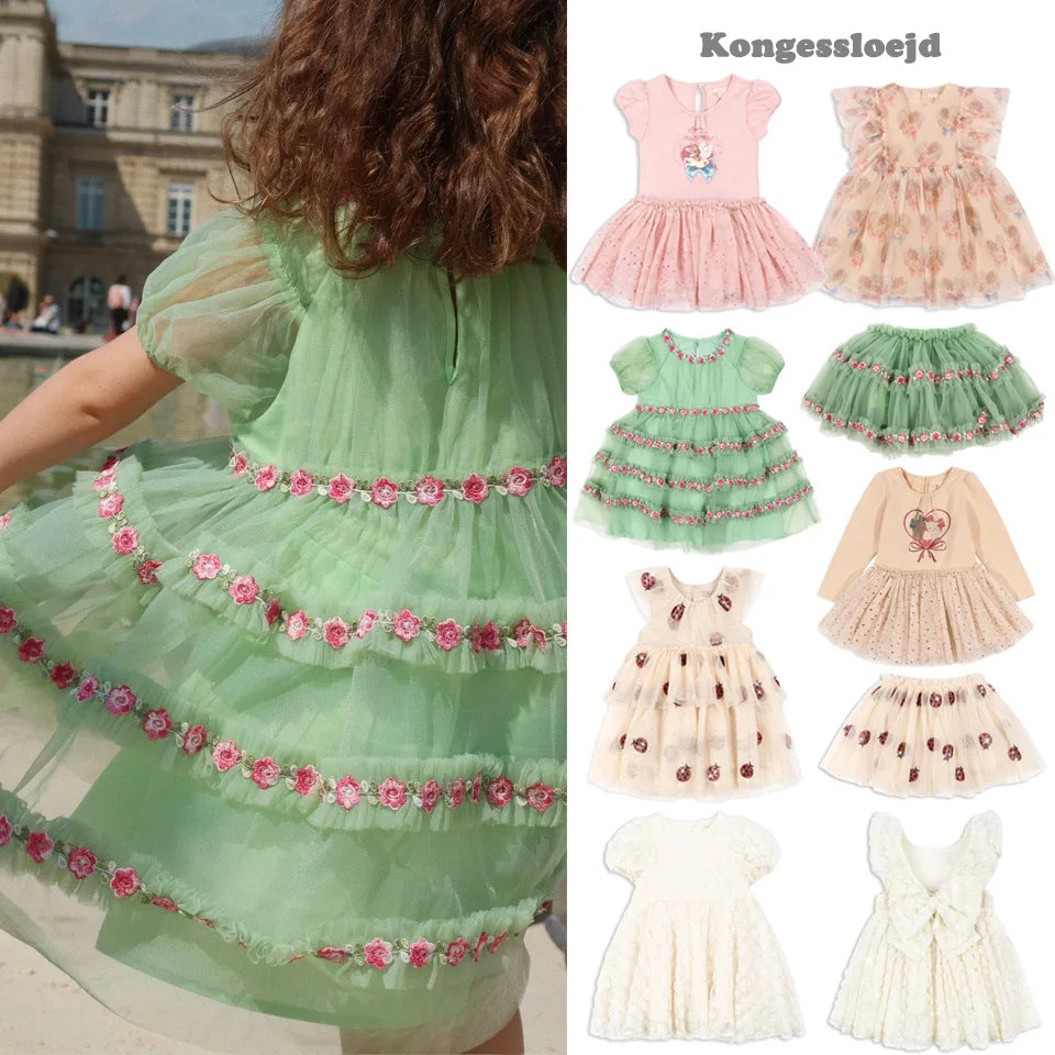 2025 Summer New Fashionable Versatile Cute Kids Dress with Rose and Big Bow Tulle Skirt Baby Girl Skirt Girl Dress