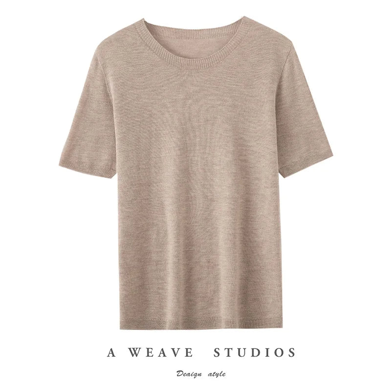 Summer New Short-Sleeved Round Neck Knitting Sweater Women's Ice Silk Thin Casual Wool T-Shirt Loose Temperament Top
