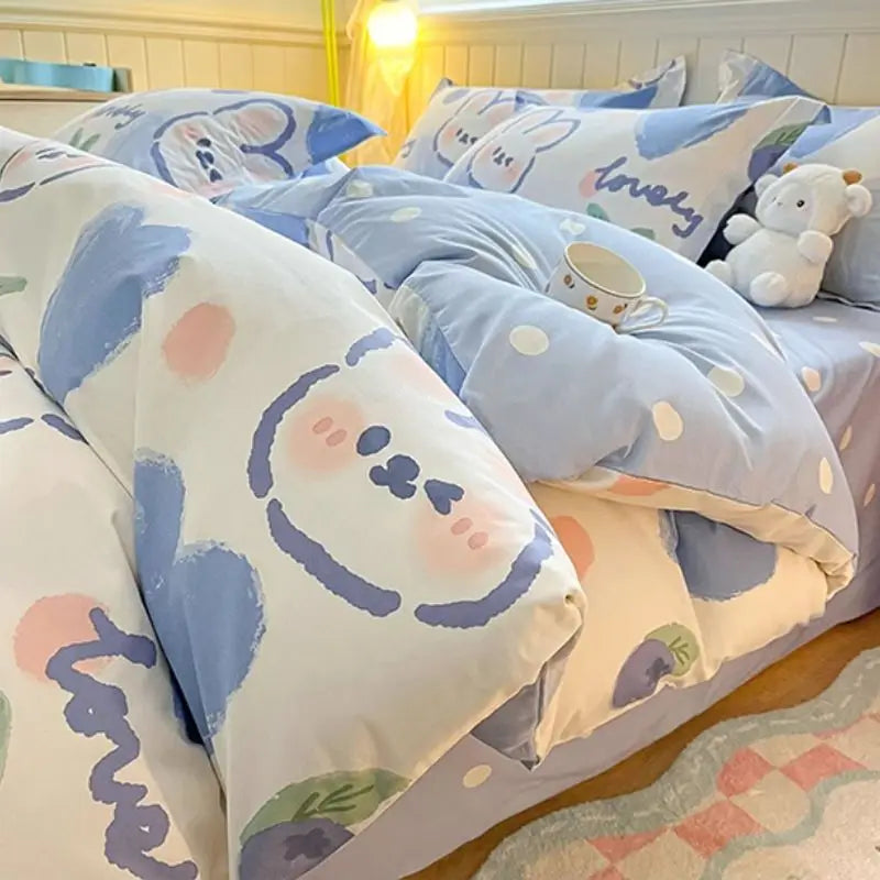 Cute Rabbit Bedding Set New No Filler Ins Floral Duvet Cover Flat Sheet Pillowcases Twin Queen Size Girls Boys Comforter Cover