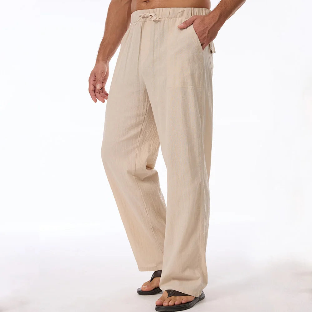 Men's Cotton Linen Pants Solid Color Breathable Lightweight Elastic Waist Straight Leg Long Pants Male Casual Cozy Trousers