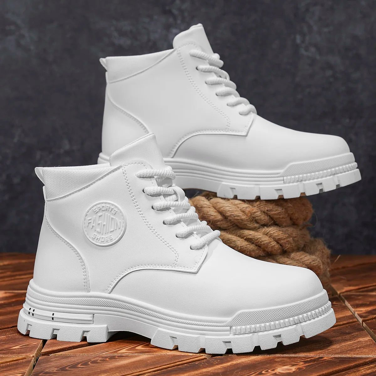 Men's Fashionable All-Season White Motorcycle Boots Autumn Winter Outdoor Hiking Mountaineering Shoes Durable Comfortable