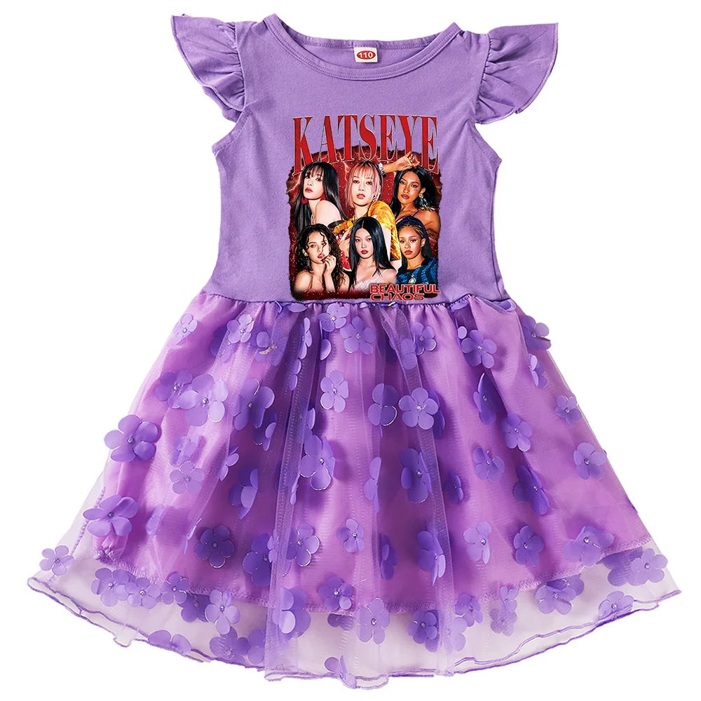 KATSEYE Kpop Clothes Kids Cartoon Summer Dress&bag Baby Girls Fly Sleeve Casual Dresses Girl Sequin Mesh Party Princess Vestidos