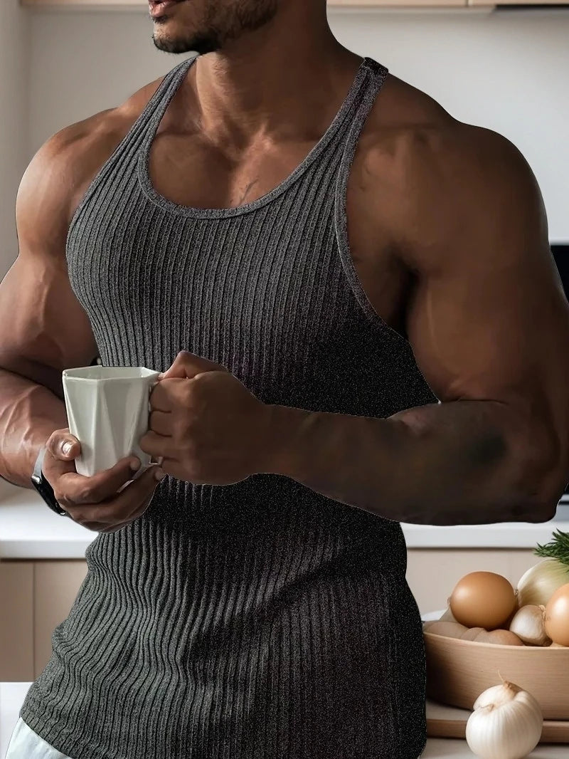 New Fitness Sports Tank Top Men's Sleeveless Summer Knitted Vertical Striped Casual Slimming Men's Sports Tank Top