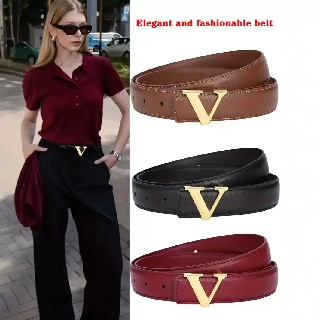 New Women V-Buckle Thin Belt Elegant Fashionable Waistband for Dress Pants Skirts Black Brown Burgundy white 4 Colors