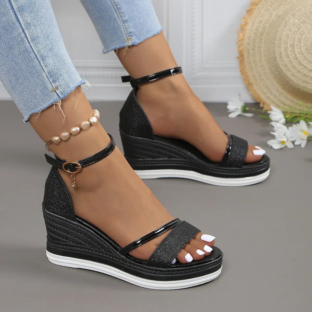 Women Sandals Wedges Sandals Fashion Solid Color Platform Beach Shoes Shallow Casual Women High Heels Designer Open Toe Sandals
