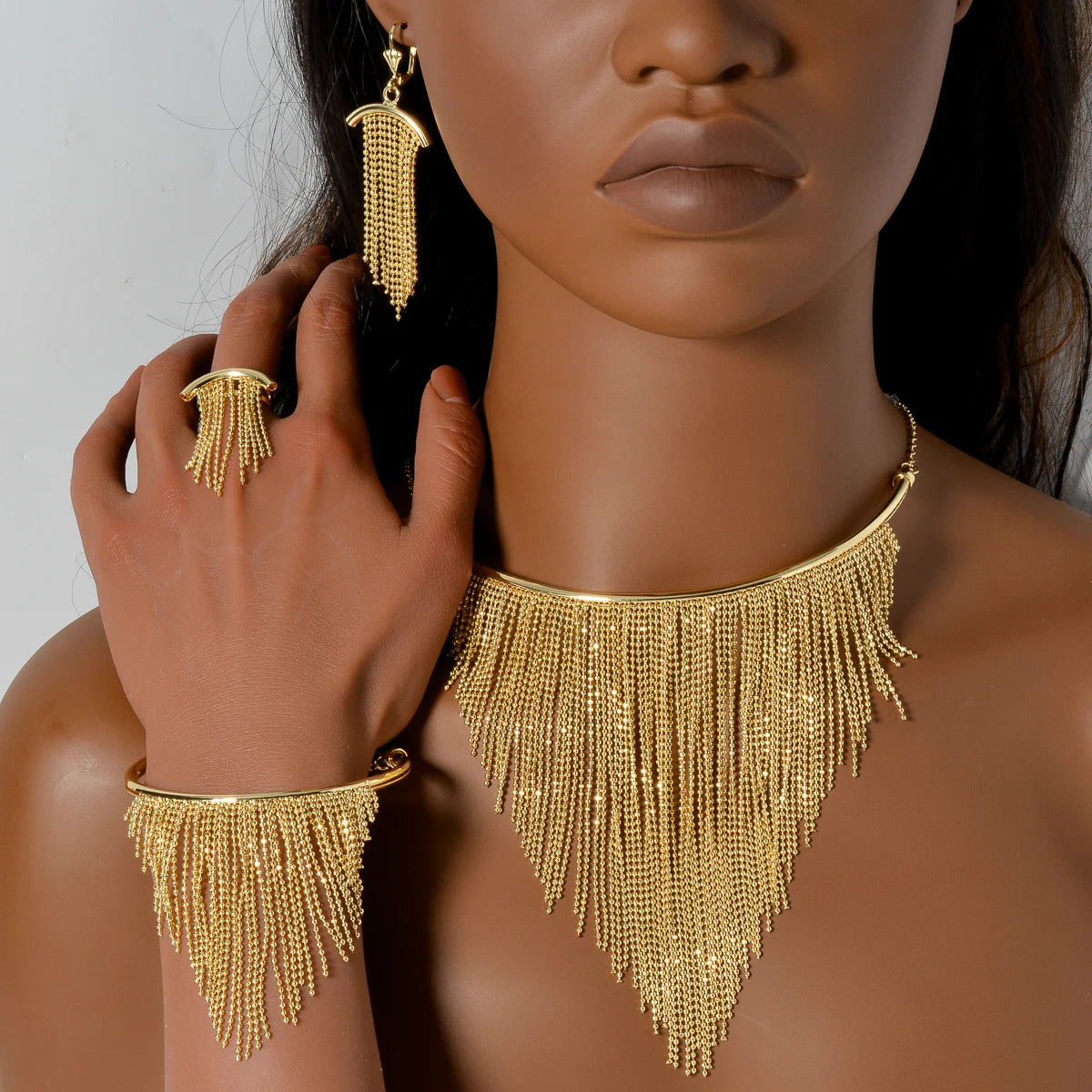 Women's Four Piece Jewelry Set Geometric Retro Y-Shaped Bead Tassel Pendant Elegant Collar for Banquets