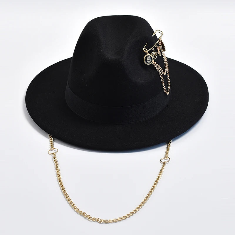 New Fedora Hats for Women Men  Metal Chain Decor Fashion Felt Jazz Hats Autumn Winter Party Formal Cap
