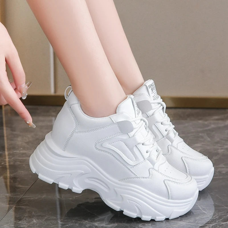 Women's Sneakers White Platform Shoes 2025 Lace-Up Thick Bottom Vulcanize Shoes Solid Color Casual Shoe Pu Leather Women Shoes