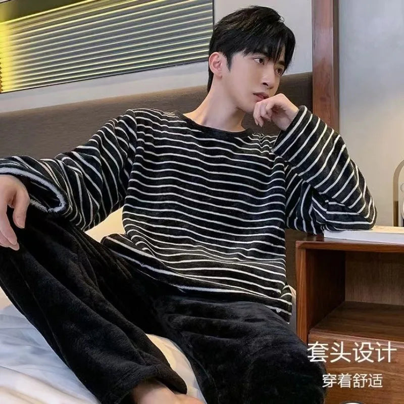2/pce Set Spring Autumn Winter Man Casuall Pajama Male Simple Striped Thick Plush Pajama Man Long Sleeves Pants Warm Loungewear