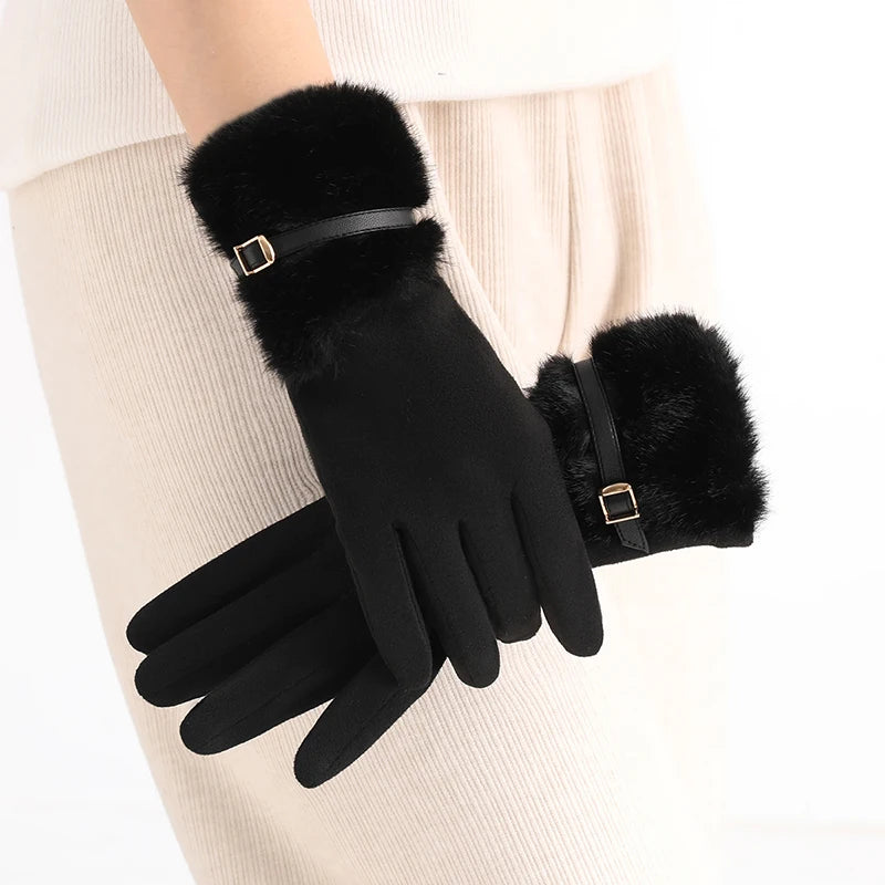Women's winter gloves with plush lining, warm, windproof, cold-resistant, with plush decoration, touch-screen compatible, suitable for driving and cycling, 1 pair