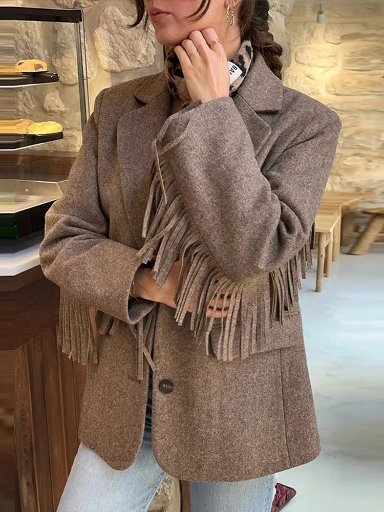 Chic Women's Blazer Turn down Collar Full Sleeve Tassel Solid Female Blazers 2025 Autumn Elegant Fashion High Street Lady Coat