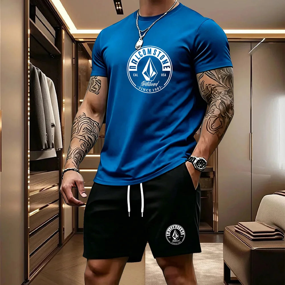 Men's Casual Sportswear 2-piece Set Classic Short Sleeved T-shirt+drawstring Pocket Shorts Street Skateboarding Outdoor Outfit