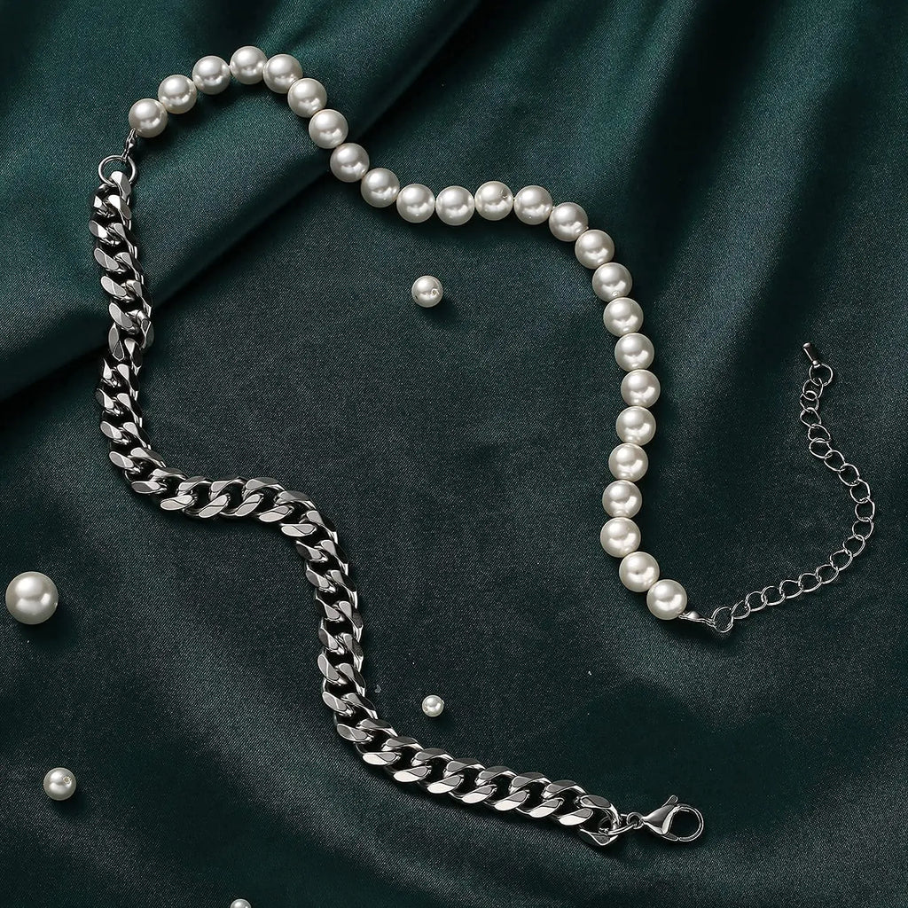 Pearl Necklace for Men-Half Pearl Half Chain Necklaces Cuban Link Chains for Men Stainless Steel Jewelry