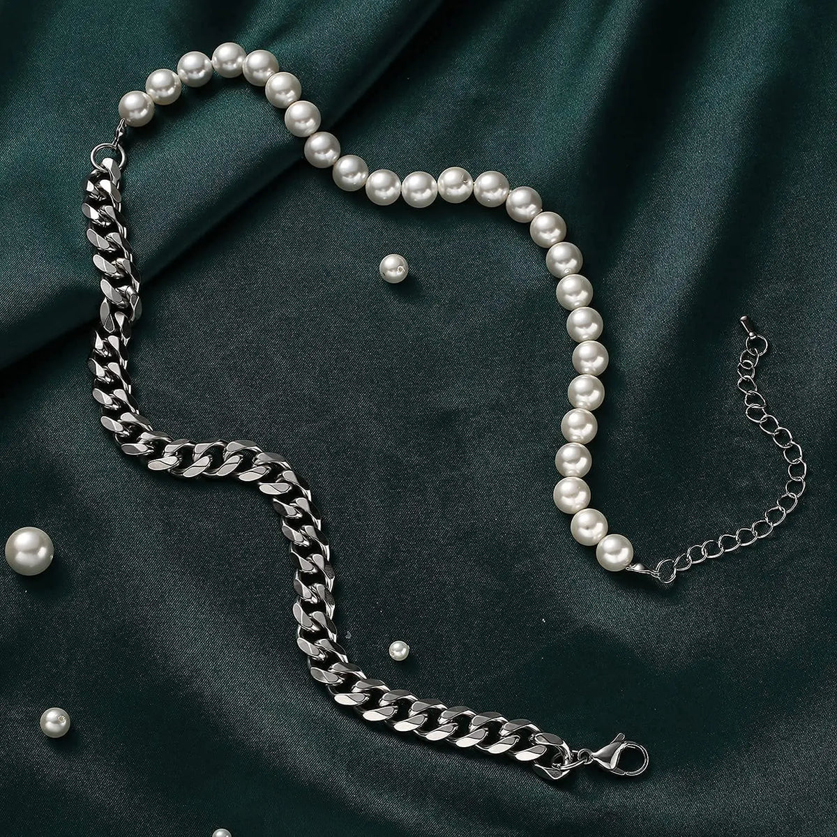 Pearl Necklace for Men-Half Pearl Half Chain Necklaces Cuban Link Chains for Men Stainless Steel Jewelry