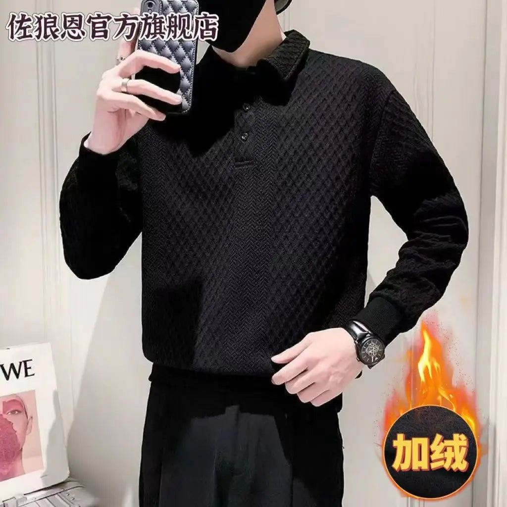 Men's Long Sleeved Hoodie with a Lapel and Polo Shirt, Autumn and Winter with Plush Trendy Casual and Versatile Fashion Top