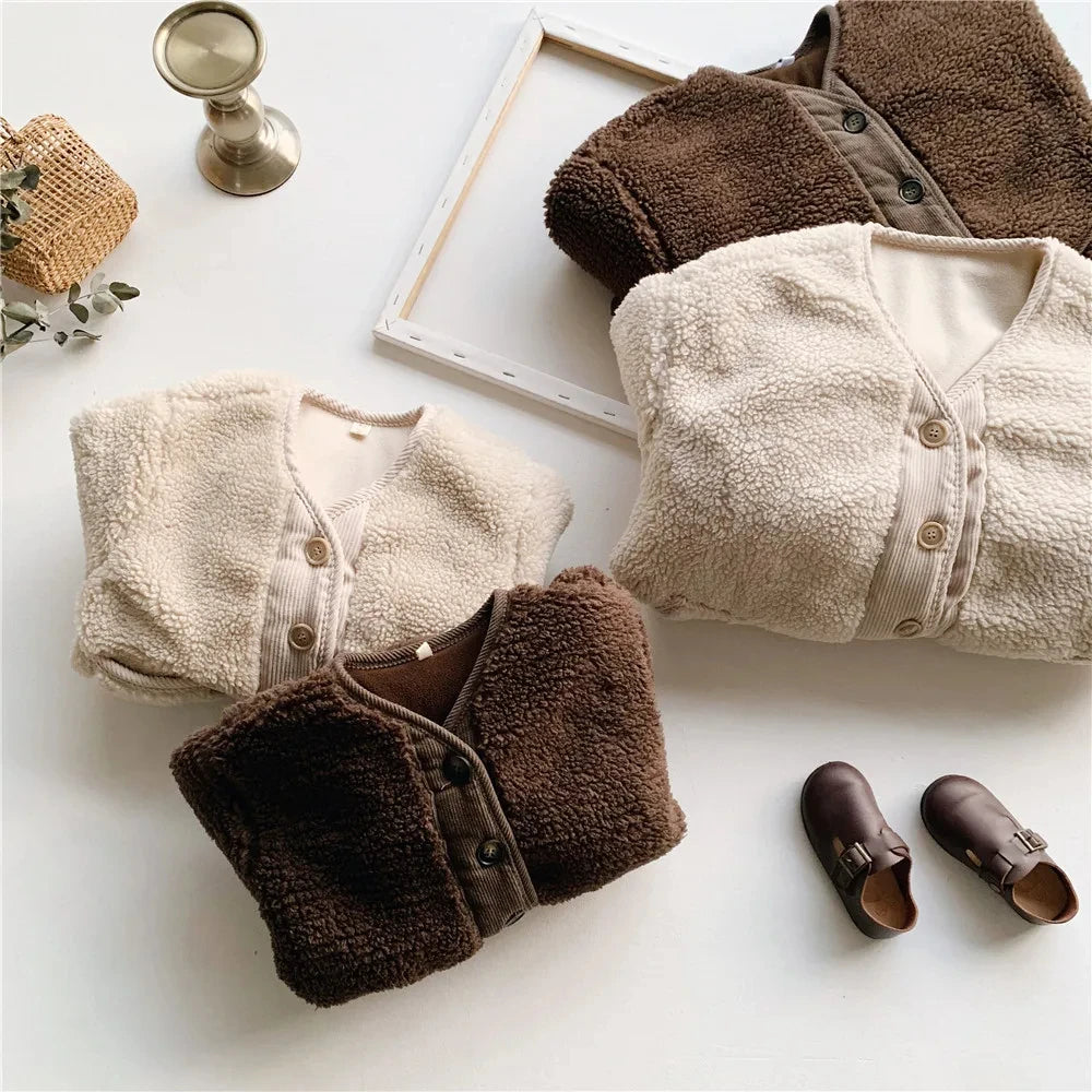 2026Korean Boys Fall Winter Clothes For Girls Velvet Loose Lamb Velvet Warm Children's Jacket Coat For Girls 0-5-year-old