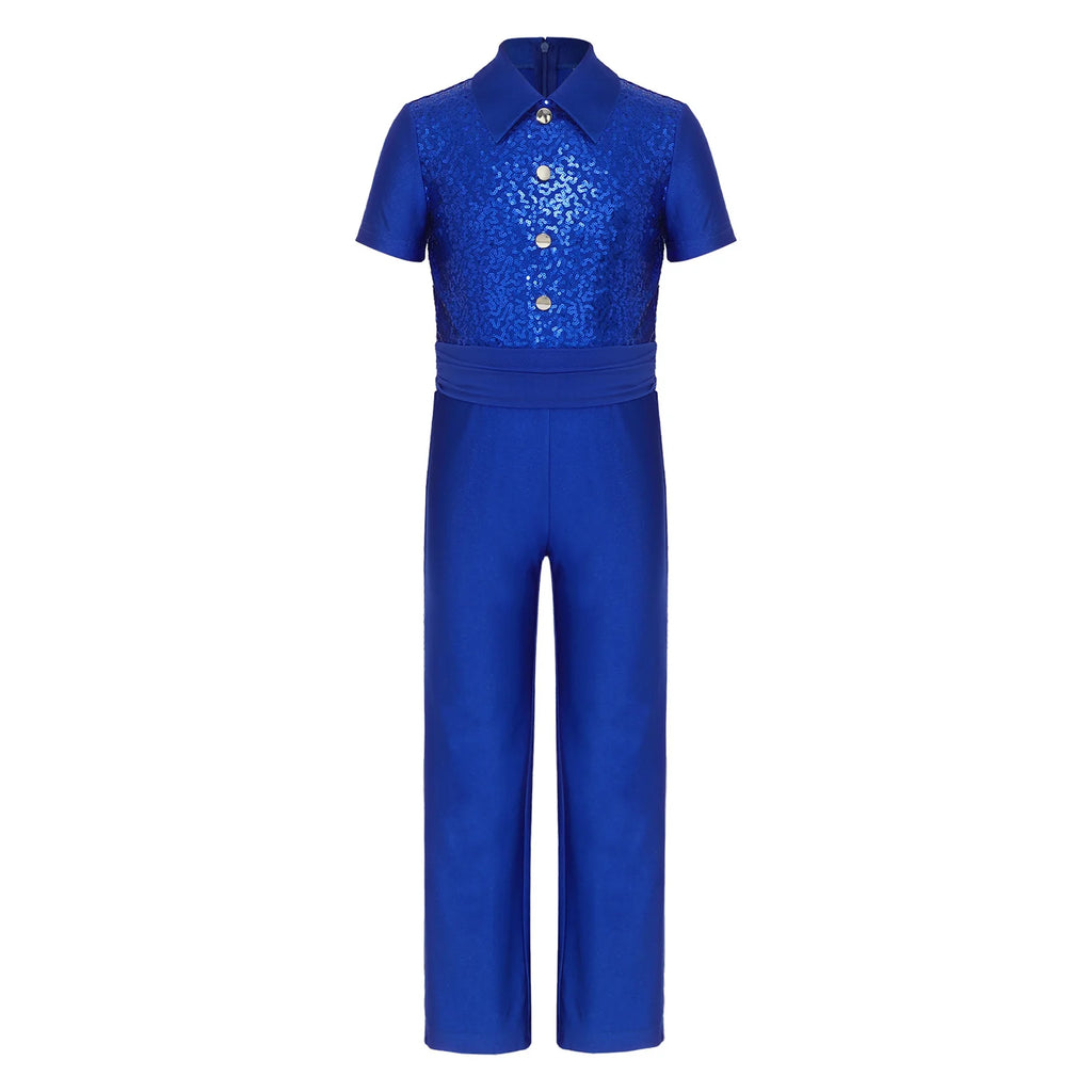 Kids Boys Ballroom Jersey Ballet Latin Jazz Dance Jumpsuit Sequins Long Pants Bodysuit 60s 70s Disco Stage Performance Clothes