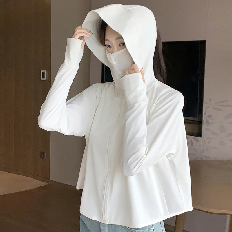 Full Coverage UPF 40+ Sun Protection Jacket Women Summer Breathable UV Protection Hooded Jacket Woman Loose Cropped Cardigan Top