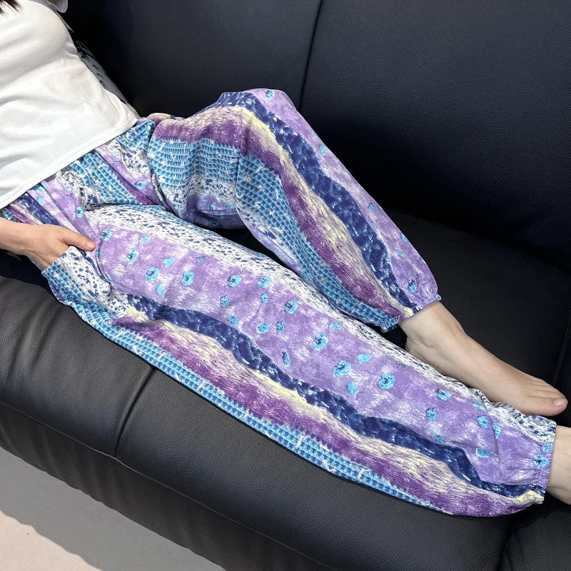 Cool Summer New Silk Cotton Spwear Loose Women's Wide Leg Pants Home Wear Floral Print Heat Resistant Comfortable Casual T...